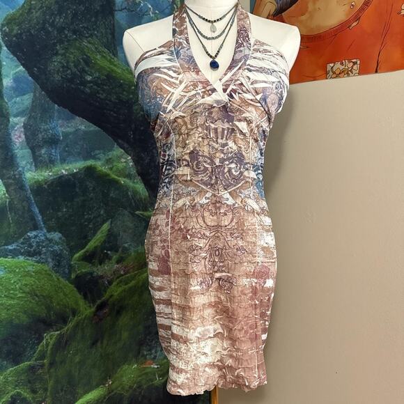 y2k abstract ruched halter bodycon mini dress joyce leslie size L - Picture 4 of 8
